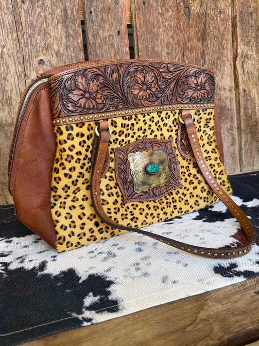 Cheetah hand tooled tote